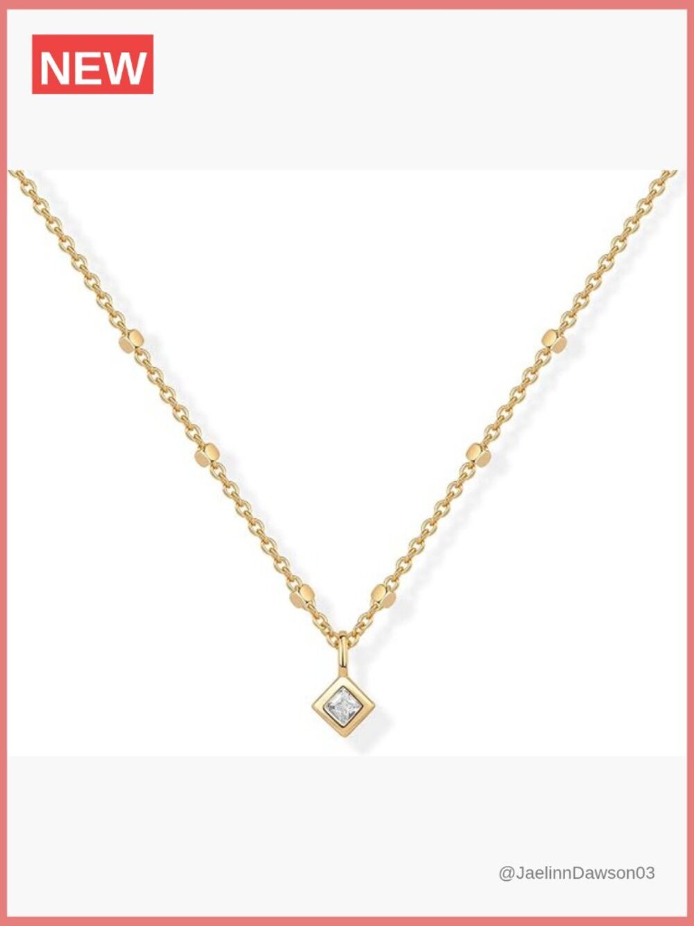 14K Gold Plated Dainty Square Beaded Chain Bezel Set Solitaire Pendant Necklace